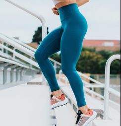 woman running up stairs